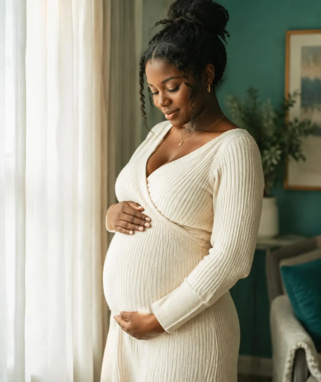 An expectant mother in a cream dress gently holding her belly by a sunlit window