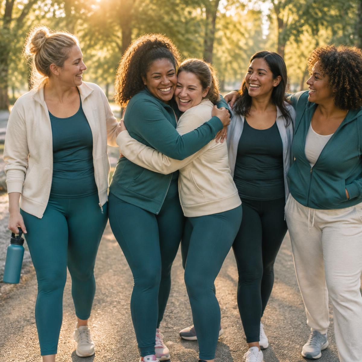 A group of moms in activewear walking together and hugging on a tree-lined path